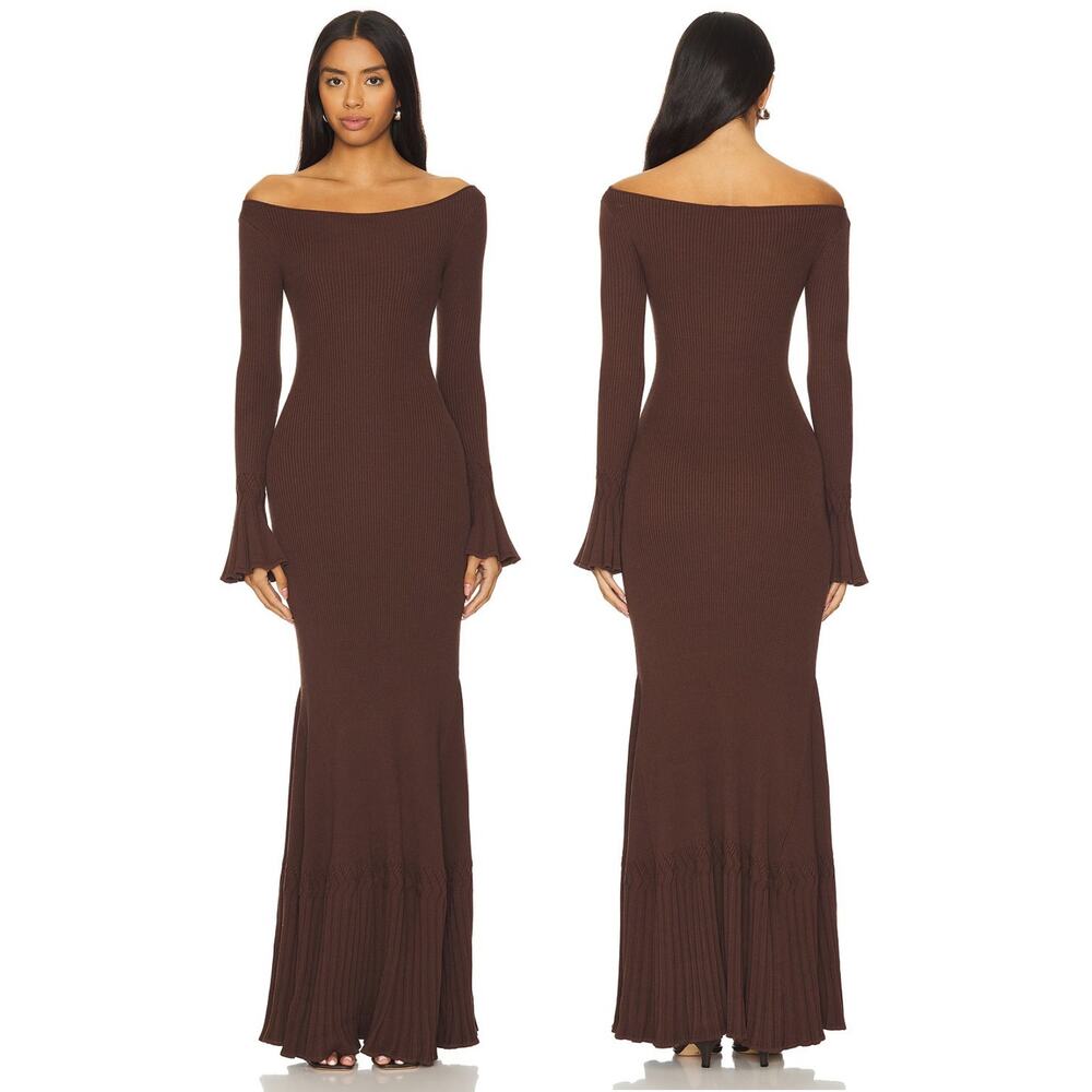 LPA Lainey Maxi Dress Ribbed Knit Off Shoulder Formal Party Cocktail Fall XS